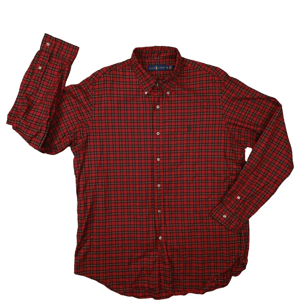 Ralph‎ Lauren Red Green Tartan Plaid Long Sleeve Button Up Shirt size XL